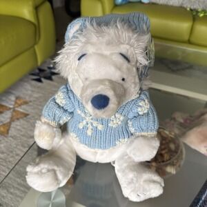 Disney Store 13" Winnie the Pooh Plush White Blue Winter Snowflake Sweater NWT